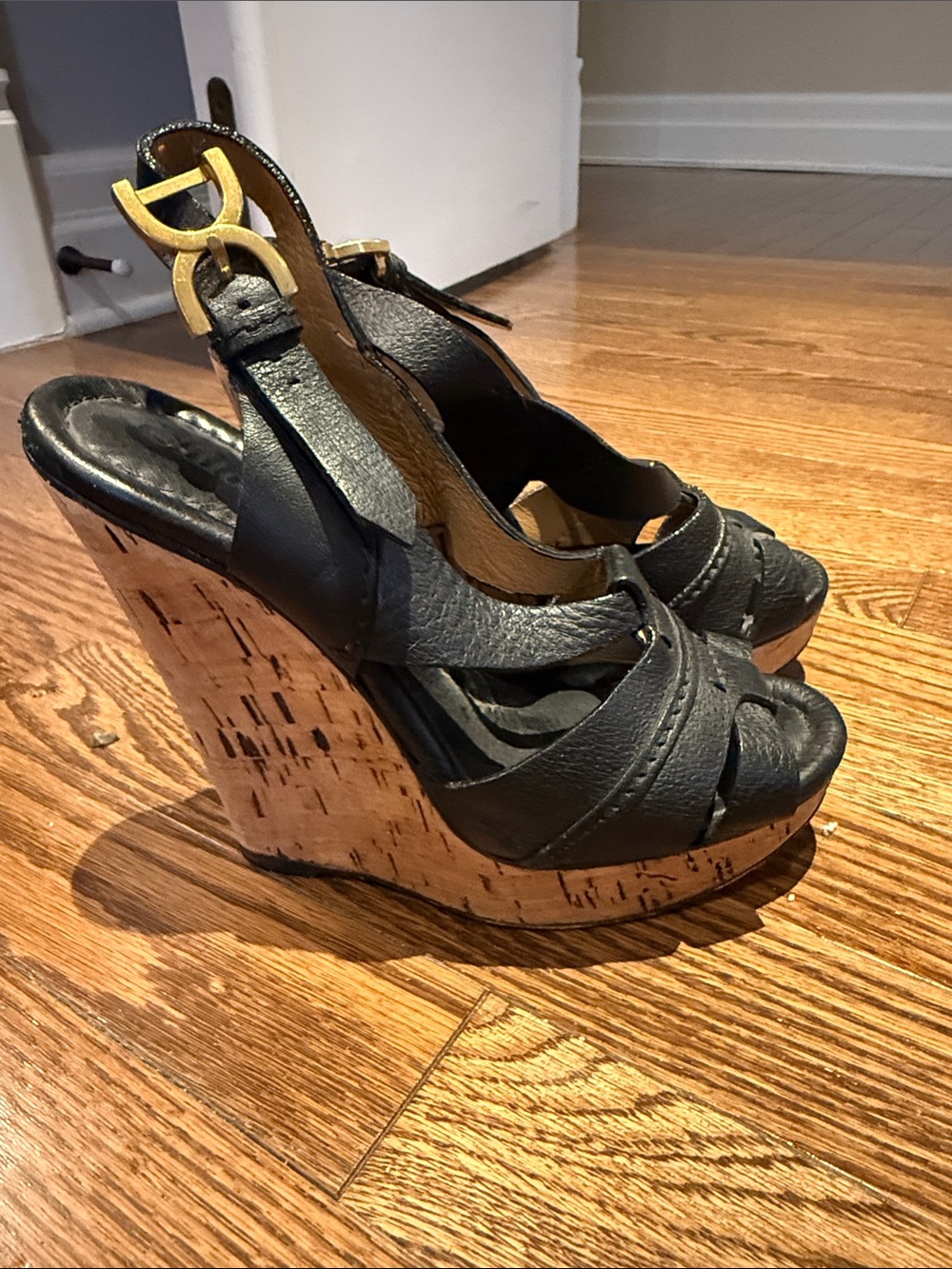 Chloe Black Leather Cork Wedge Sandals with Gold Accent